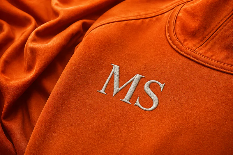Машинная вышивка букв «MS» светлой нитью на терракотовой ткани